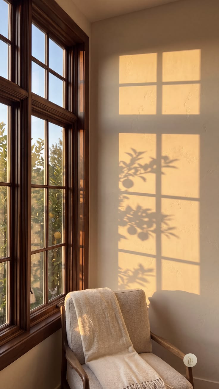 A sunlit chair by a window